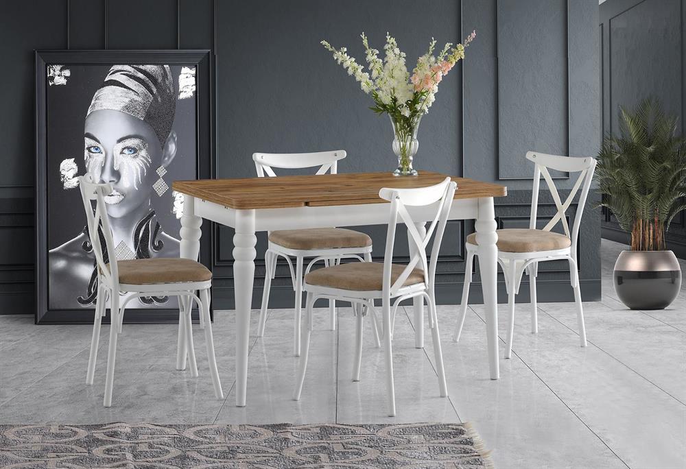 Exclusive Açılabilen 170x80 Cm Çam Desenli Mutfak Masa Takımı Kaşıklıklı  Beyaz Ahşap 4'lü Sandalye