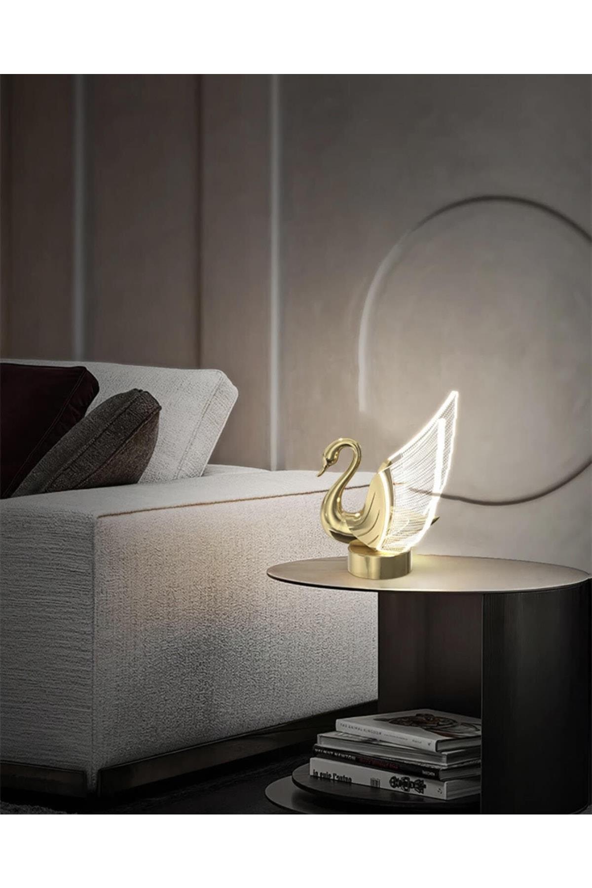 Modern Exclusive Luxury Kuğu Abajur Swan Masa Lambası Gold Sarı Gün Işığı