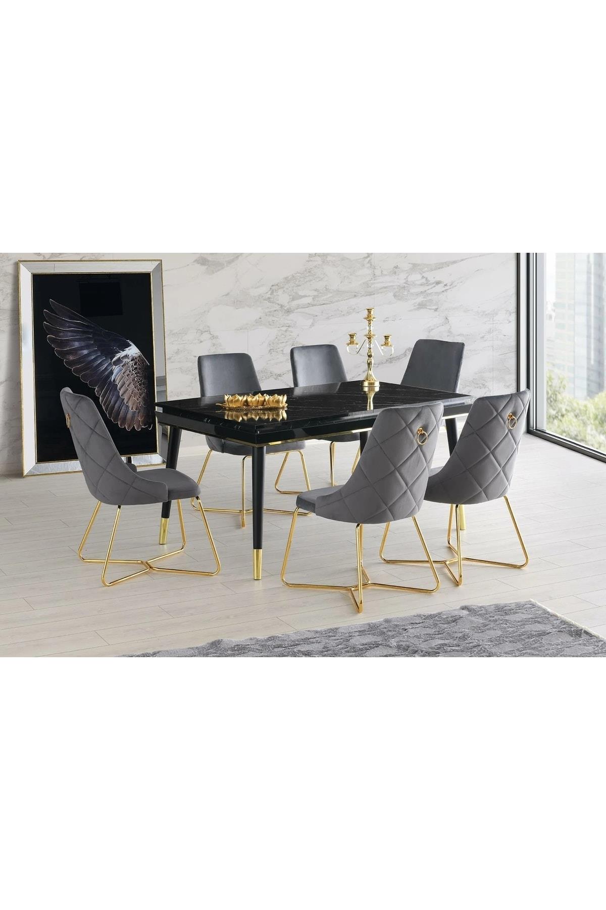 Modern Luxury Exclusive Açılır Masa Takımı Siyah Mermer Desenli Gold Sarı  Ayak 6'lı Sandalye