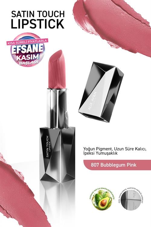 Uzun Süre Kalıcı Nemlendirici Pürüzsüz Etkili Yarı Mat Ruj - Satin Touch Lipstick 807 Bubblegum Pink