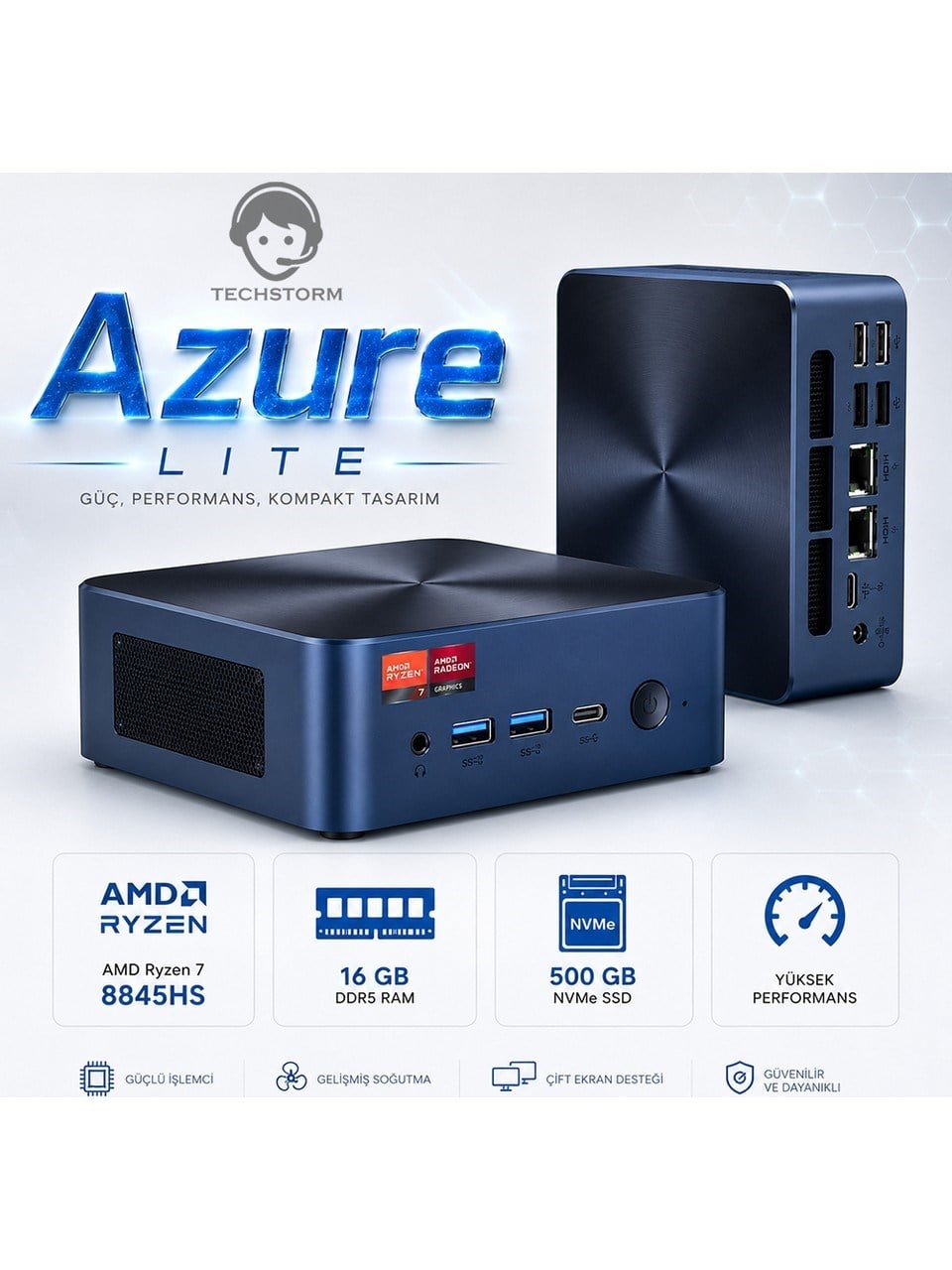Techstorm Azure Lite AMD Ryzen 7 8845HS 16 GB DDR5 500 GB NVME Win11 Pro Mini Masaüstü Bilgisayar