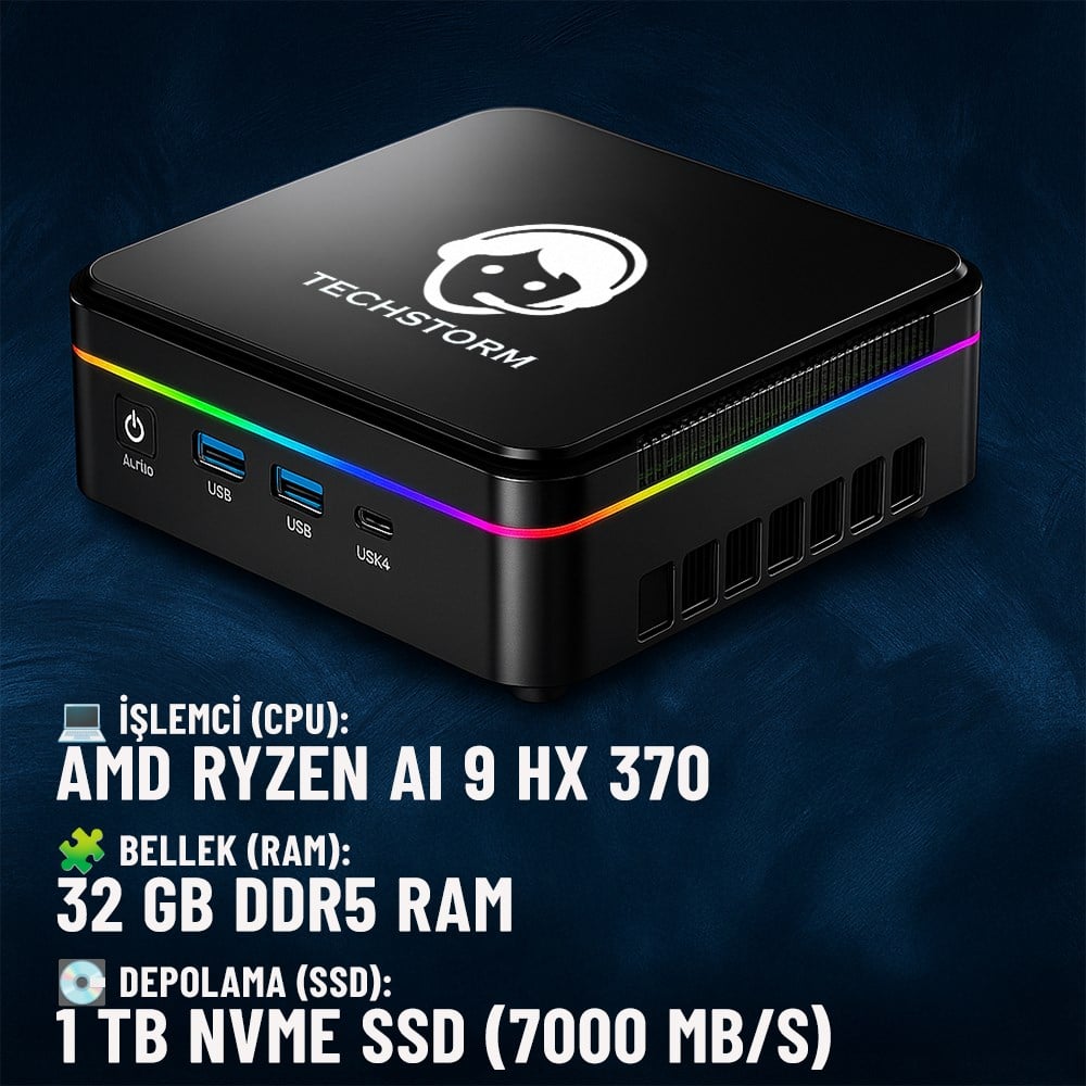 Techstorm Typhoon AMD Ryzen™ AI 9 HX 370 Cpu 32 GB DDR 5 RAM 1 TB NVME Win11 Pro Mini Masaüstü Bilgisayar