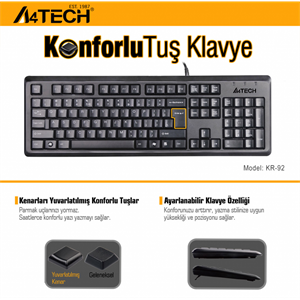 A4 TECH KR-92, Siyah, USB Kablolu, Türkçe Q, Multimedya, Klavye