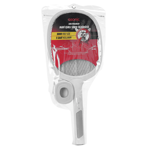 ASONIC AS-A25, Beyaz-Gri, 3000V, Raket Tipi, UV Mor Işıklı, 1200mAh, Bataryalı, Şarj Edilebilir, Sinek Öldürücü