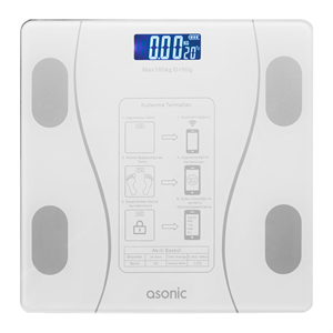 ASONIC BS260, Beyaz, Bluetooth Destekli, Baskül. LCD Gösterge, 260x260mm, 180Kg a kadar ölçme.