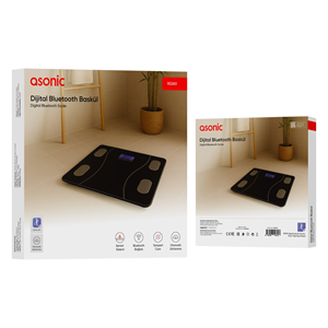 ASONIC BS260, Siyah, Bluetooth Destekli, Baskül. LCD Gösterge, 260x260mm, 180Kg a kadar ölçme.