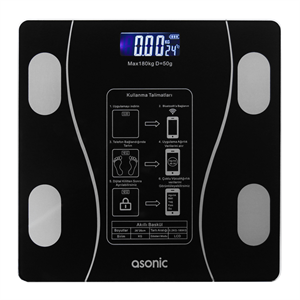 ASONIC BS260, Siyah, Bluetooth Destekli, Baskül. LCD Gösterge, 260x260mm, 180Kg a kadar ölçme.