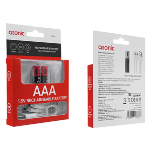 ASONIC PL400, AAA, Şarjlı Pil, 1.5Volt, 400mAh/750mwh, Type-C ile Kolay Şarj,  2 li Paket (USB To Type-C Kablo Hediye)