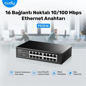 CUDY FS1016 16 PORT 10/100 YONETILEMEZ RACK MOUNT SWITCH METAL KASA