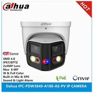 DAHUA  IPC-PDW3849-A180-AS-PV, 2X4Mpix, 2,8mm Lens, H265+, 25Mt Gece Görüşü, IP67, Dahili Mikrofon, TiOC Duo Süper Geniş Açı Dome Ip Kamera