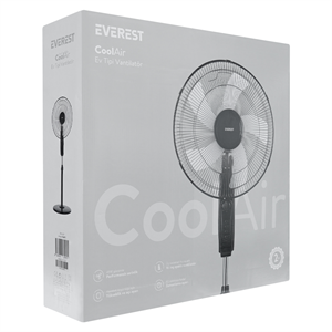EVEREST FAN11, SİYAH, CoolAir, 3 Kademeli Hız, 40cm 5 Kanat Pervane ve Çerçeve, 45W, Otomatik Salınım, Yükseklik Ayarlı Vantilatör