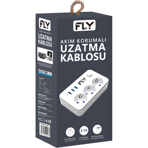 FLY 3406-01, 3 Soket, 3 USB, Akım Korumalı Priz, 2.1A, Anahtarlı, 2Mt Kablo, (Beyaz)