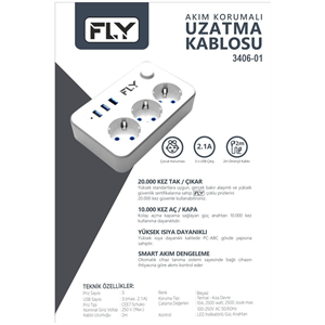 FLY 3406-01, 3 Soket, 3 USB, Akım Korumalı Priz, 2.1A, Anahtarlı, 2Mt Kablo, (Beyaz)