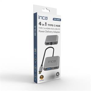 INCA ITPC-06T USB C 4ü 1 Arada Adaptör USB C – HDMI+VGA+USB Güç Dağıtım Adaptörü
