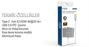 Inca ITPC-04TX Type-c Hub HDMI 4K@30hz USB3.0+PD100W Akım ve Voltaj Korumalı Alüminyum Çoklayıcı
