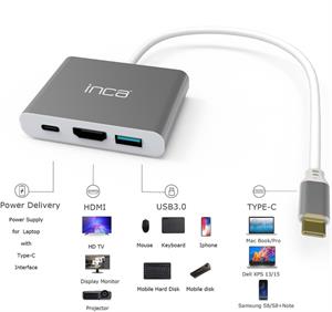 Inca ITPC-04TX Type-c Hub HDMI 4K@30hz USB3.0+PD100W Akım ve Voltaj Korumalı Alüminyum Çoklayıcı