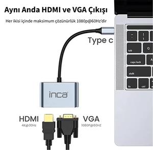 Inca ITPC-06TX USB C 4in1 – HDMI+VGA+USB+Güç Dağıtım Adap 4K@30Hz HDMI Çoklayıcı 100W PD Güçı