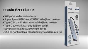 Inca IUTP-7T Usb+Type-c Girişli USB 3.0+4X USB 2.0 Type-C 5V 2X Type-C 100W Çoklayıcı