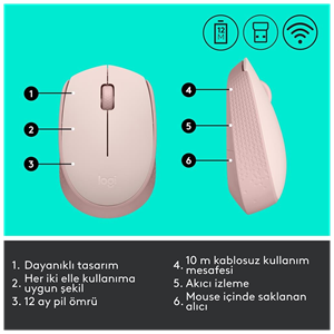 LOGITECH 910-006865, M171 Rose, USB Nano 2,4G Kablosuz, 1000dpi, Optik, 3 Tuşlu, 12ay Pil Ömrü, Mouse