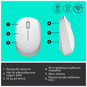 LOGITECH 910-006867, M171 White, USB Nano 2,4G Kablosuz, 1000dpi, Optik, 3 Tuşlu, 12ay Pil Ömrü, Mouse