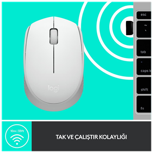 LOGITECH 910-006867, M171 White, USB Nano 2,4G Kablosuz, 1000dpi, Optik, 3 Tuşlu, 12ay Pil Ömrü, Mouse