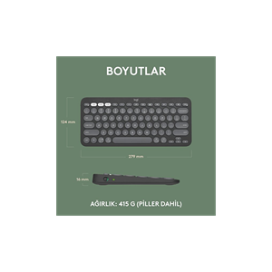 LOGITECH K380S, Pebble Keys 2,  Siyah, 920-011859, Bluetooth, Türkçe, Q, Multimedya, Mini Klavye