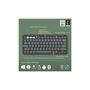 LOGITECH K380S, Pebble Keys 2,  Siyah, 920-011859, Bluetooth, Türkçe, Q, Multimedya, Mini Klavye