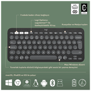 LOGITECH Pebble 2 Combo, Grafit, 920-012245, Bluetooth, Türkçe, Q, Multimedya, Mini Klavye Mouse Set