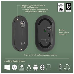 LOGITECH Pebble 2 Combo, Grafit, 920-012245, Bluetooth, Türkçe, Q, Multimedya, Mini Klavye Mouse Set