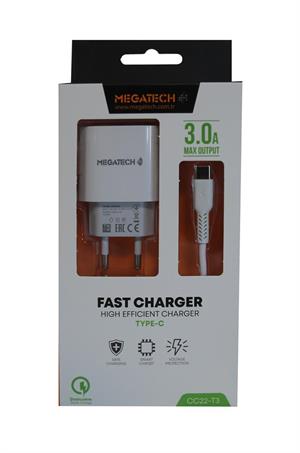 Megatech CC03(CC22-T3) 5v-3.0A Ev Şarj+Type-c Kablo Hızlı Şarj
