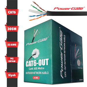 POWERGATE CAT6-OUT-CCA, Outdoor (Dış Mekan), Polietilen, 23AWG 0.57mm, UTP, CAT6, CCA Kablo, 305m, Siyah