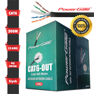 POWERGATE CAT6-OUT-COPPER, Outdoor (Dış Mekan), Polietilen, 23AWG 0.57mm, UTP, CAT6, %100 Bakır Kablo, 305m, Siyah