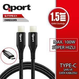 QPORT Q-TYPE-C1 1.5M TYPE-C 100W ŞARJ VE DATA KABLOSU