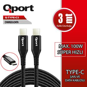 QPORT Q-TYPE-C3 3M TYPE-C 100W ŞARJ VE DATA KABLOSU