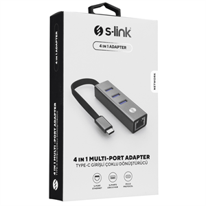 S-LINK SW-U3325, GigaBit, Type-C to RJ45, 3xUSB 3.0, Metal, Ethernet Kartı