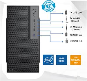 SUNCOM Force SC3-170 i7-14700 32GB 2TB SSD O/B DOS Masaüstü PC Wi-Fi