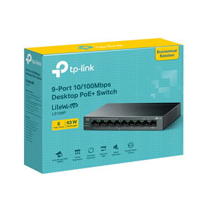 TP-LINK LS109P, Green Tech, 8 Port MegaBit, POE 63W, 1 Port Uplink, Long Range 250Mt, Yönetilemez, Metal Kasalı Switch