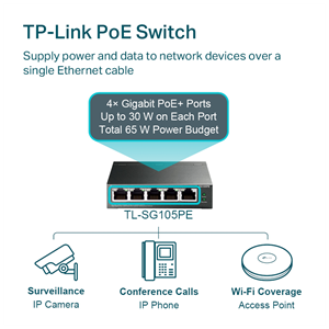 TP-LINK TL-SG105PE, 5 Port, GigaBit, 4 Port Poe, 65W, Easy Smart, Yönetilebilir, Metal Kasa, Masaüstü Switch