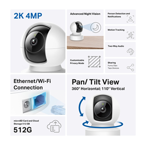 TP-LINK Tapo C222, 4,0Mpix, İç ve Dış Mekan, Wifi-Ethernet, 12Mt. Gece Görüşü, 360 Dönüş, Dikey ve Yatay Hareket, İki Yönlü Ses, Yapay Zeka Destekli Güvenlik Kamerası