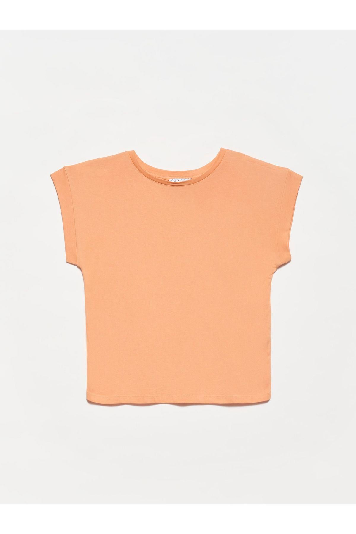 3504 Bisiklet Yaka Pamuklu T-shirt-şeftali