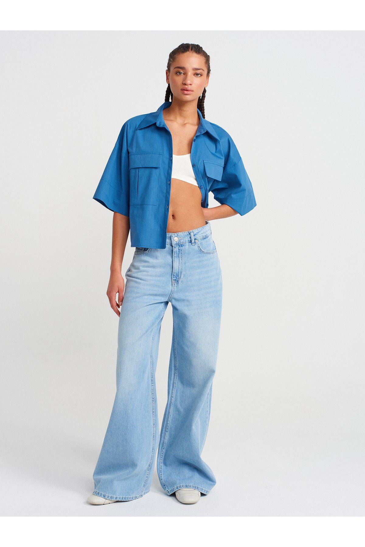 50495 Oversize Cepli Gömlek-İndigo
