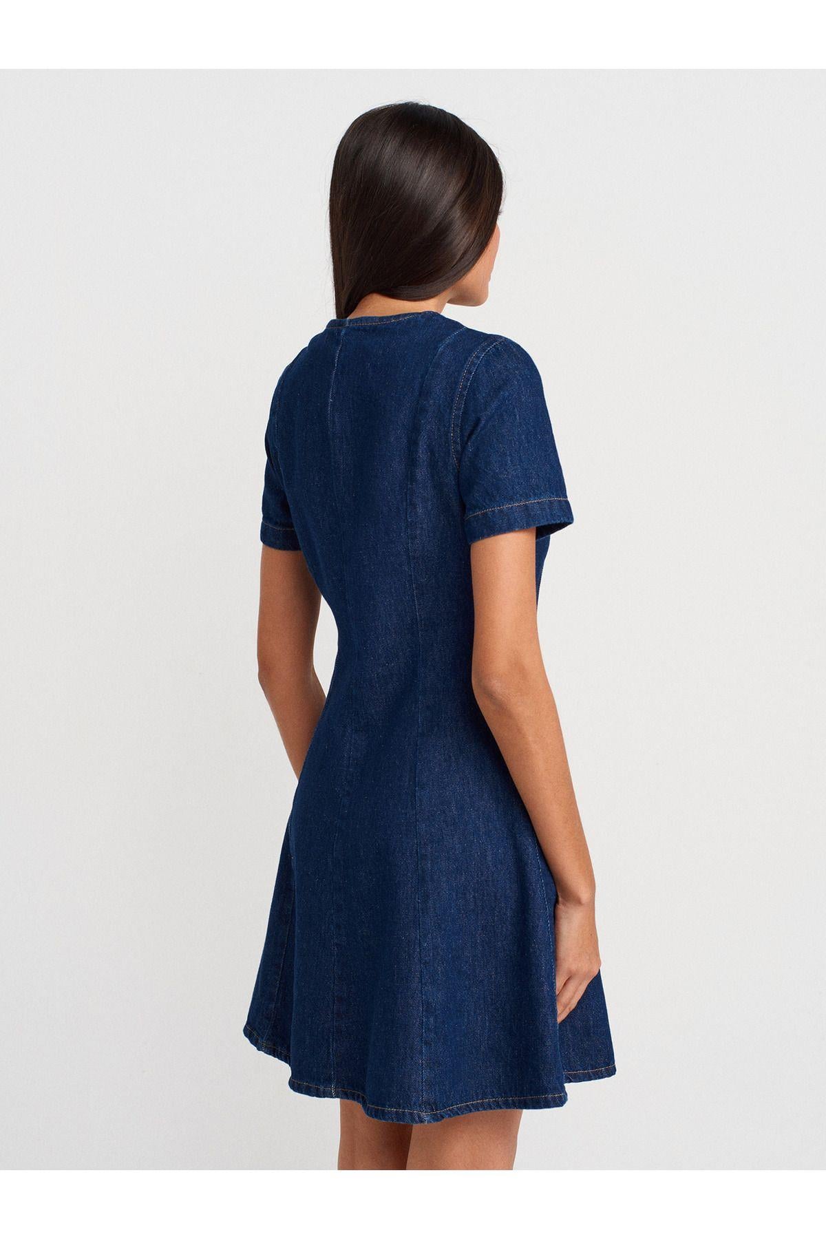 90558 V Yaka Kısa Kollu Denim Elbise-Mavi