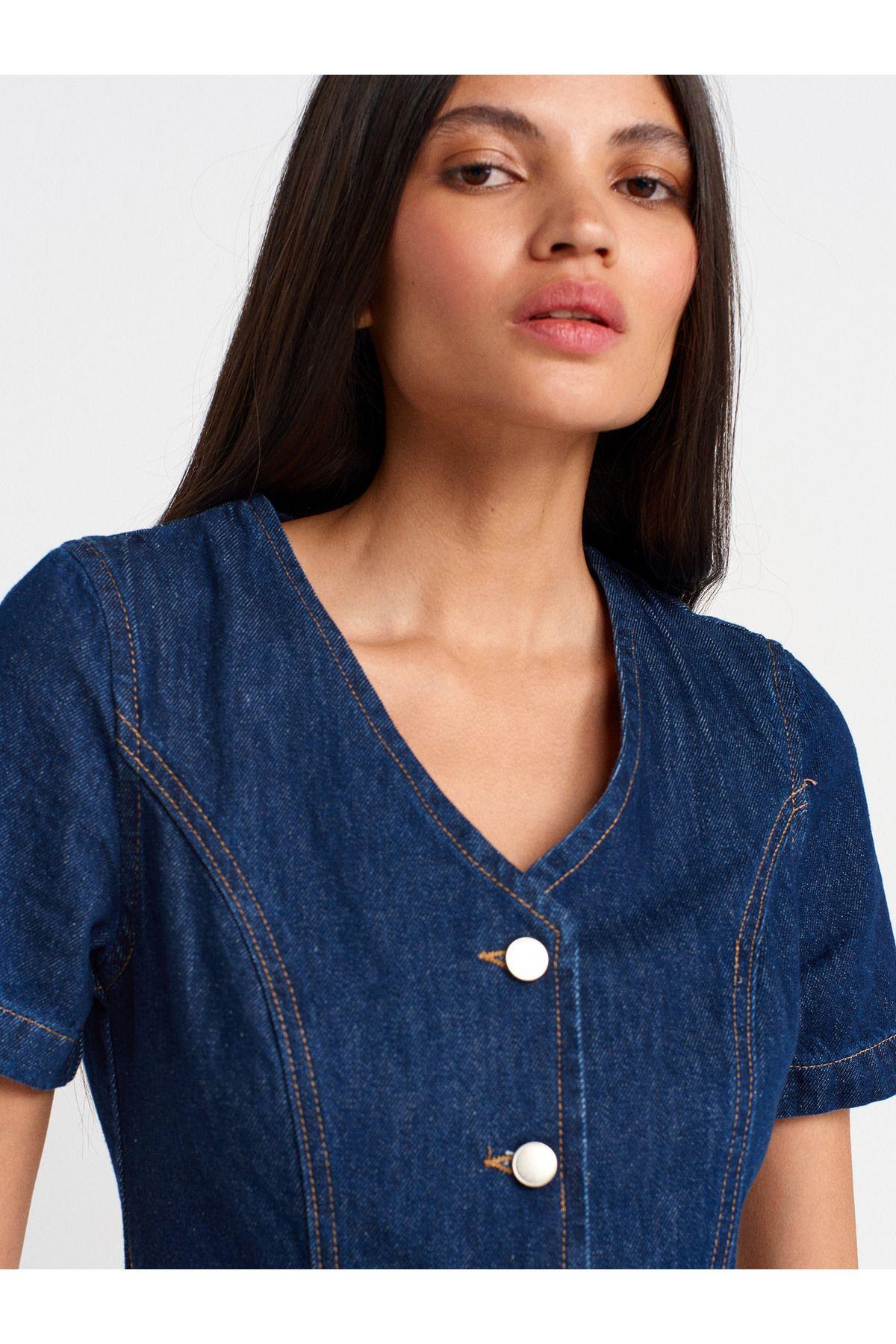 90558 V Yaka Kısa Kollu Denim Elbise-Mavi