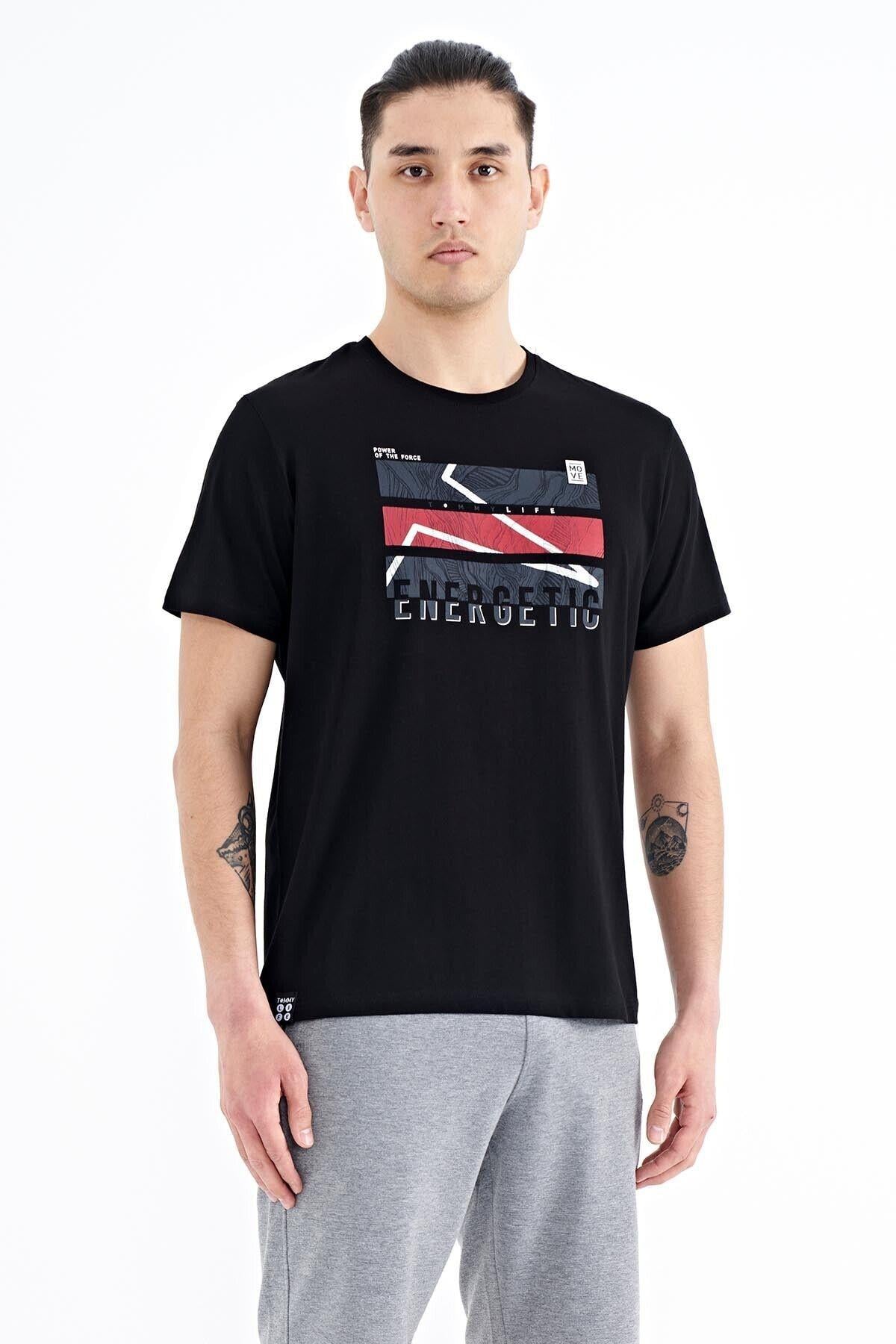 Siyah Yazı Baskılı O Yaka Standart Kalıp Erkek T-shirt - 88201