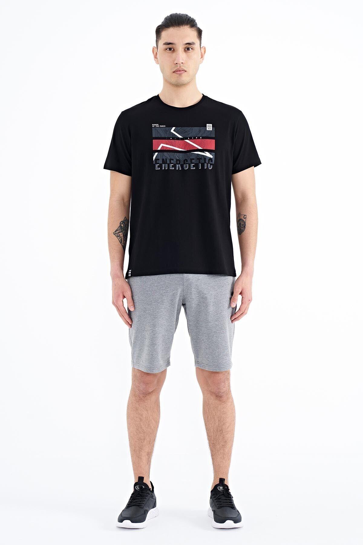 Siyah Yazı Baskılı O Yaka Standart Kalıp Erkek T-shirt - 88201