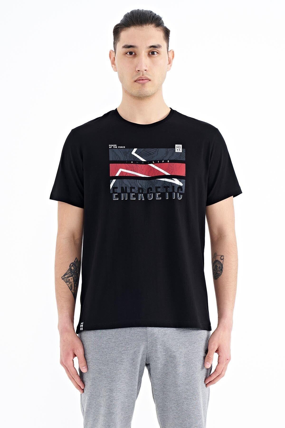 Siyah Yazı Baskılı O Yaka Standart Kalıp Erkek T-shirt - 88201