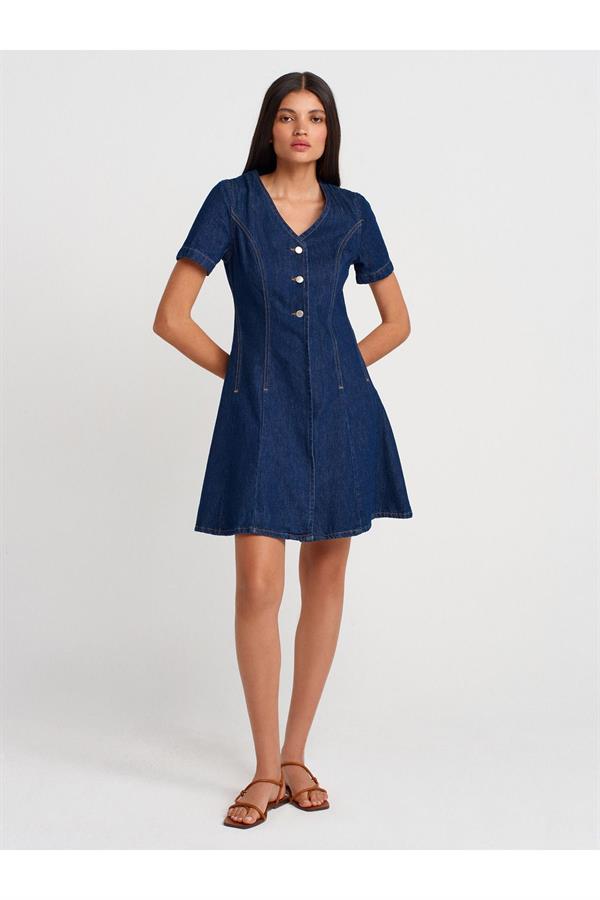 90558 V Yaka Kısa Kollu Denim Elbise-Mavi