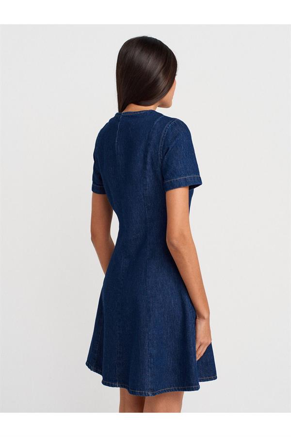 90558 V Yaka Kısa Kollu Denim Elbise-Mavi