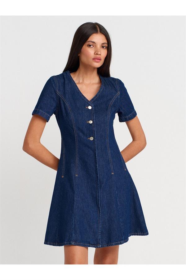 90558 V Yaka Kısa Kollu Denim Elbise-Mavi