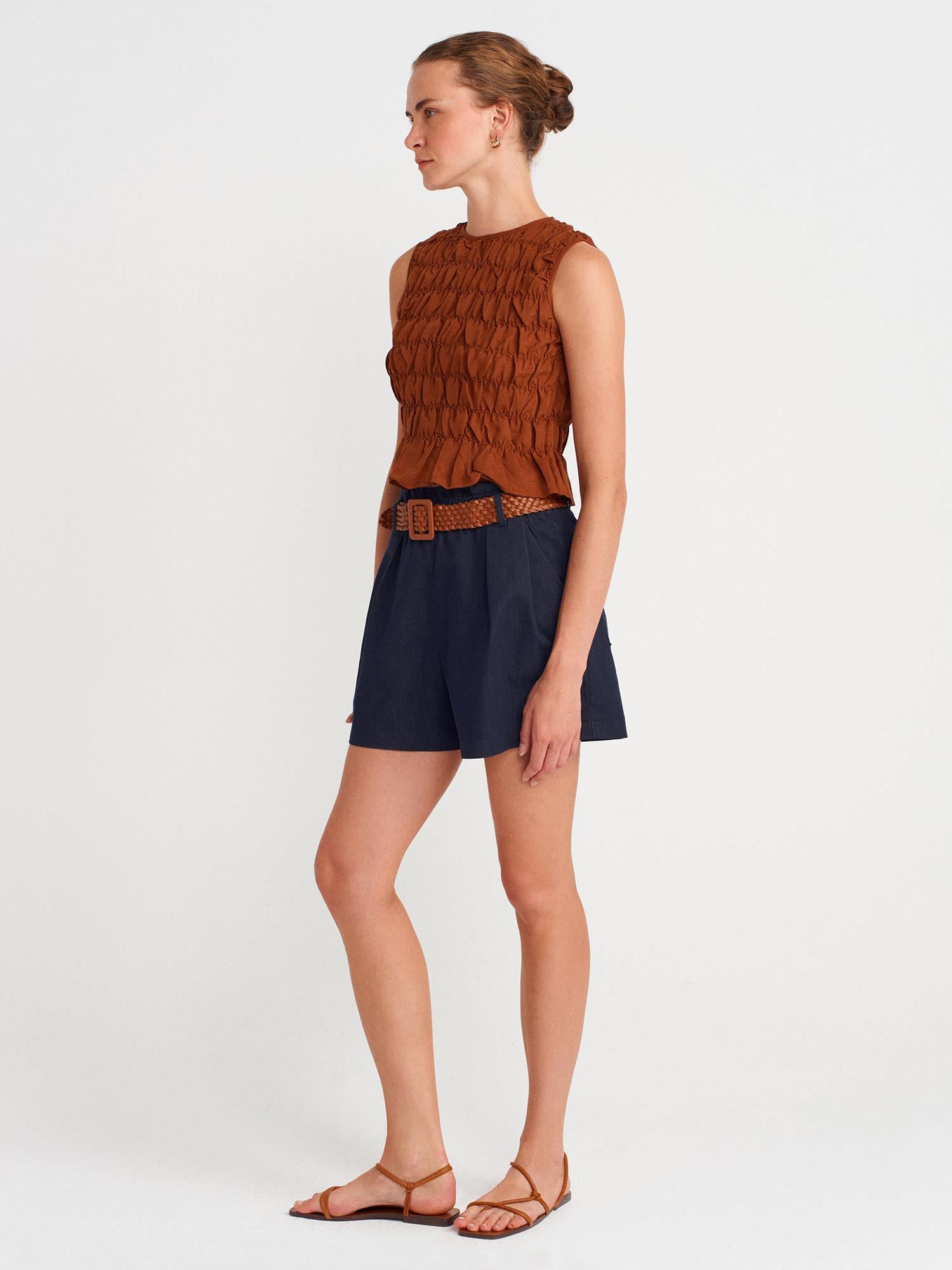 72158 Örgü Kemerli Mini Şort-Lacivert